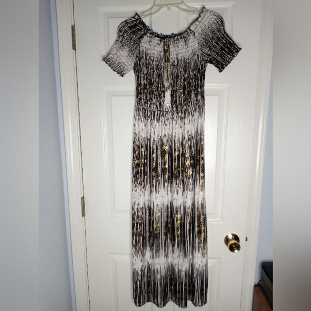 Seven Islands L WhiteBlackMetalicElastic Upper 4 Buttons Shrtslves Women's Dress